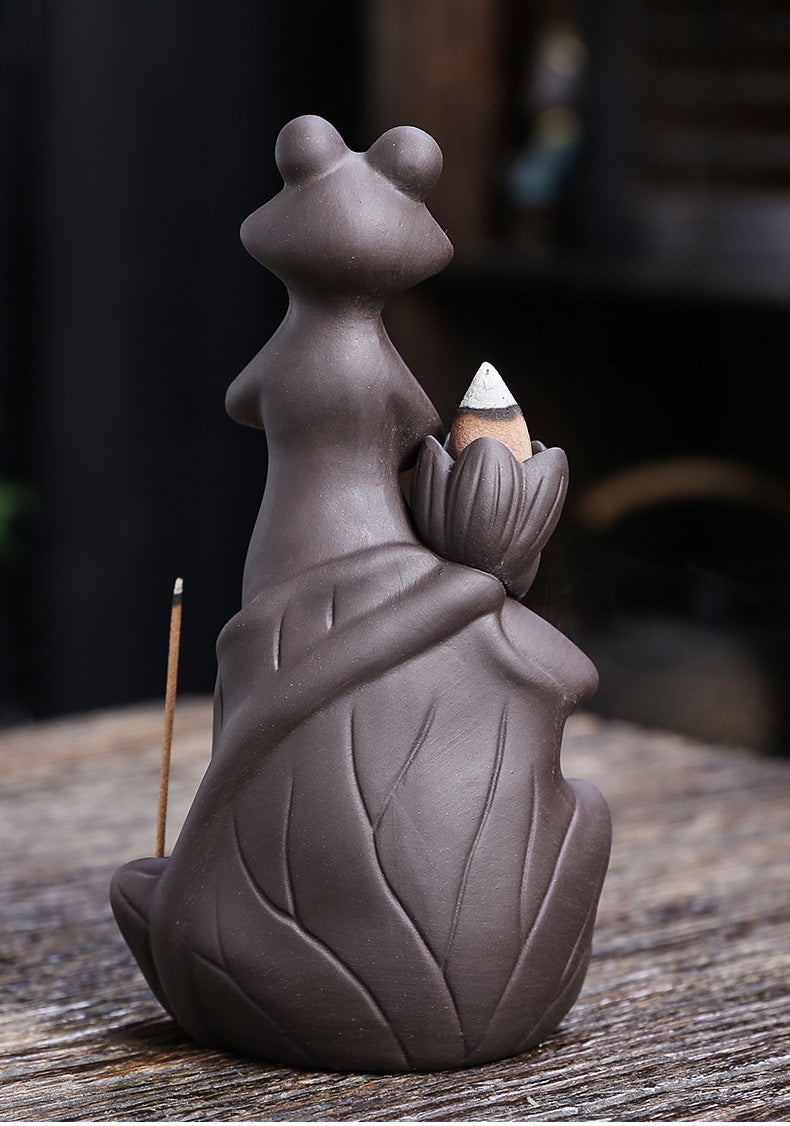 zensoullab Purple Clay Lotus Leaf Backflow Incense Burner Craft Ornament Creative Frog Lotus Backflow Incense Burner Home Decor