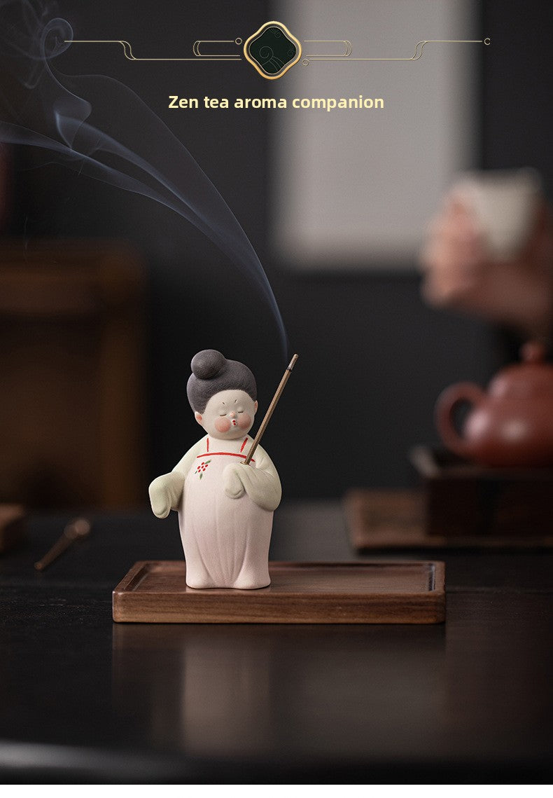zensoullab Ancient Style Tang Dynasty Female Figure Ceramic Incense Burner Zen Incense Holder Incense Stand Chinese Tea Table Incense Ceremony Incense Burner Incense Burner Ornament