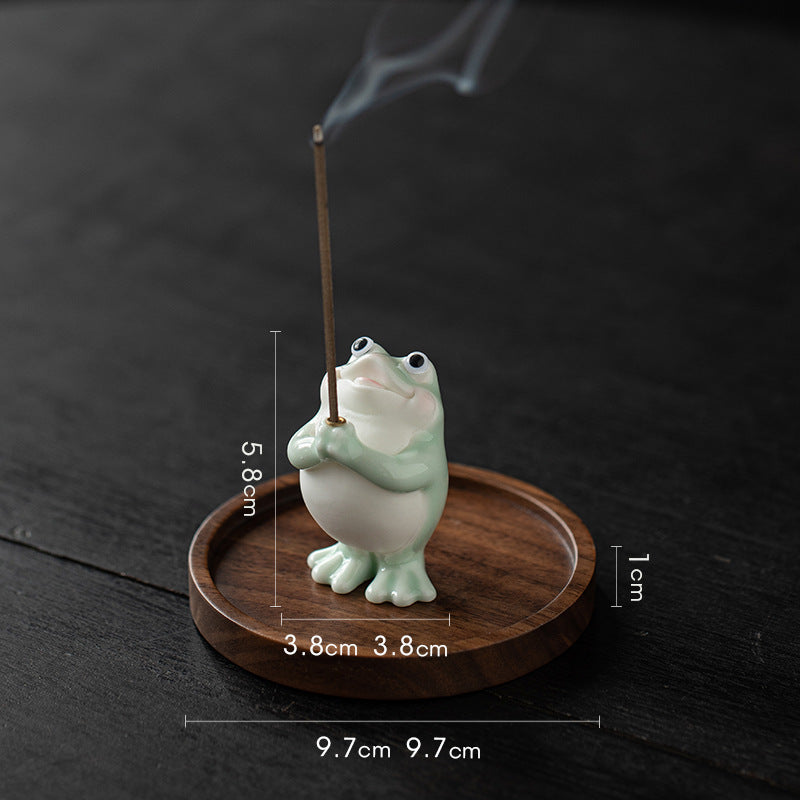 zensoullab Ceramic Wishing Frog Incense Burner for Home Indoor Use, Agarwood Sandalwood Incense Holder, Cute Tea Table Aromatherapy Burner Ornament