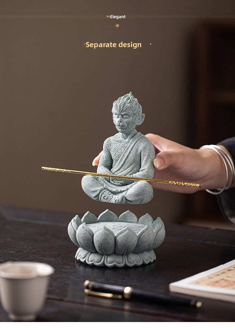 zensoullab Zen Style Chinese Green Sandstone Zen Sitting Monkey King Desktop Ornament Creative Living Room Fish Tank Landscaping Decoration