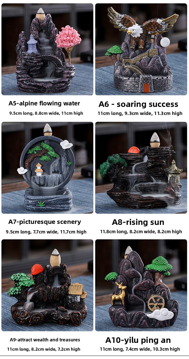 zensoullab Large Creative Resin Small Backflow Incense Burner Mountain Water Flow Sandalwood Agarwood Incense Burner Indoor Home Decoration
