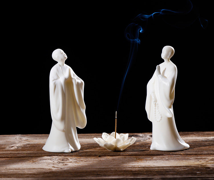 zensoullab Zen Character Ceramic Little Monk Chinese Style Ornament White Porcelain Blessing Little Novice Living Room Root Carving Study Room Soft Decoration