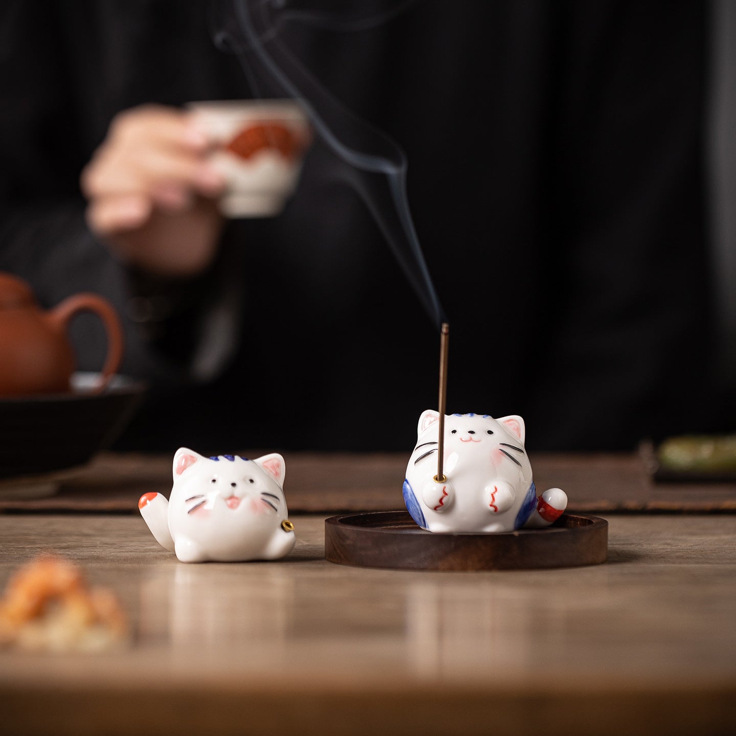 zensoullab Creative Ceramic Cute Little Cat Incense Holder Base Incense Tray Tea Room Tea Table Small Incense Burner Ornament Incense Burner