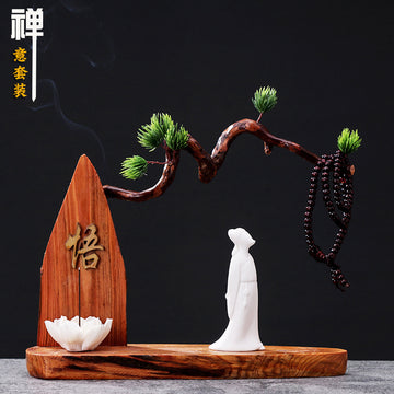 zensoullab Chinese Zen Style Formless Buddha Welcoming Guest Pine Root Carving Set Living Room Wine Cabinet Entrance Ceramic Li Bai Tea Table Home Decor