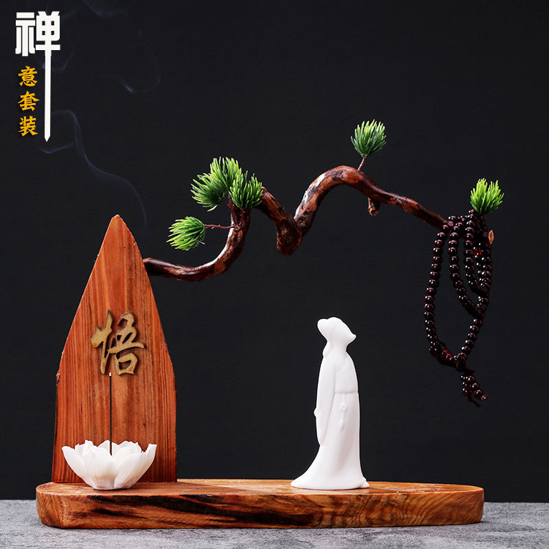 zensoullab Chinese Zen Style Formless Buddha Welcoming Guest Pine Root Carving Set Living Room Wine Cabinet Entrance Ceramic Li Bai Tea Table Home Decor