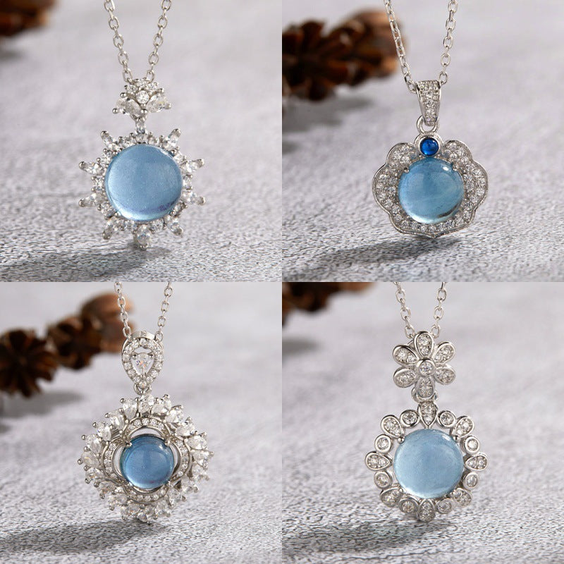 zensoullab French Design S925 Sterling Silver Natural Aquamarine Gemstone Necklace for Women, Personalized Multiple Pendants Fashion Collarbone Chain