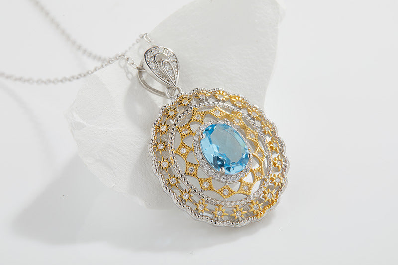 zensoullab Italian Craft Natural Topaz Hollow Necklace for Women with Unique Design Sense, Niche Light Luxury Pendant, S925 Sterling Silver Inlaid