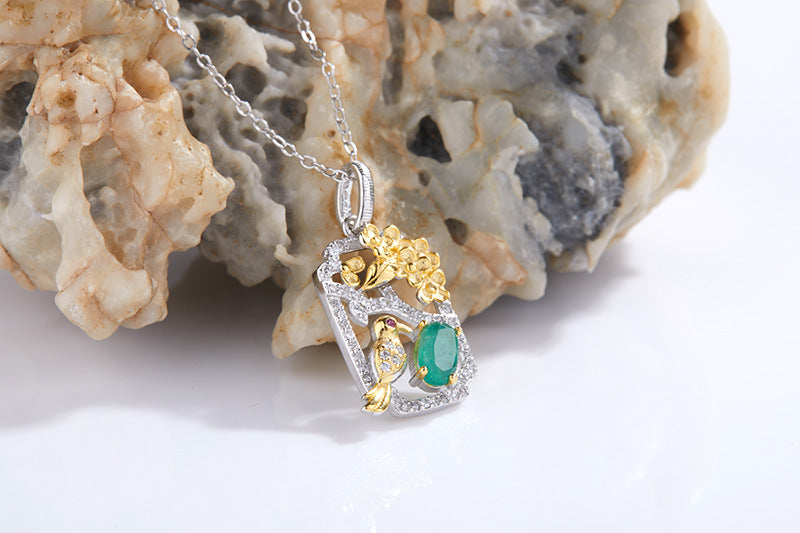 zensoullab S925 Sterling Silver French Light Luxury Natural Emerald Gemstone Necklace Fashion Collarbone Chain Personality Ins Style