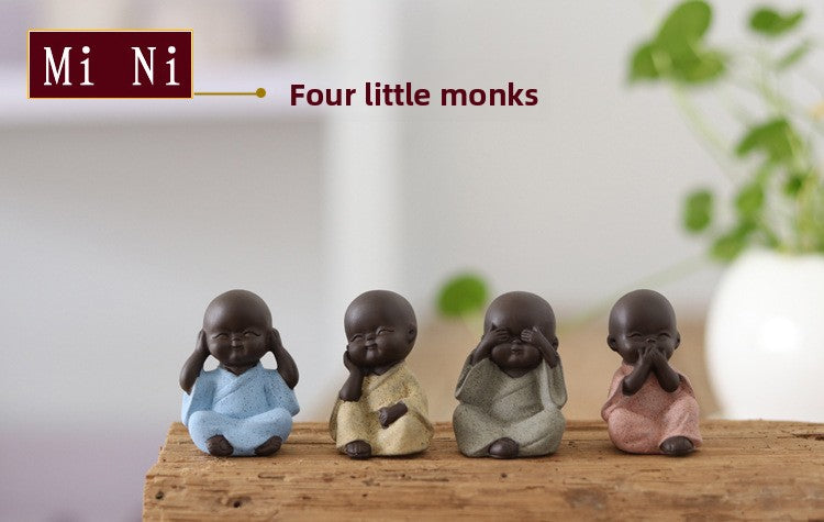 zensoullab Mini Cute Purple Clay Little Monk Tea Pet Ceramic Four Little Sha Mi Succulent Plant Decoration Creative Home Ornament