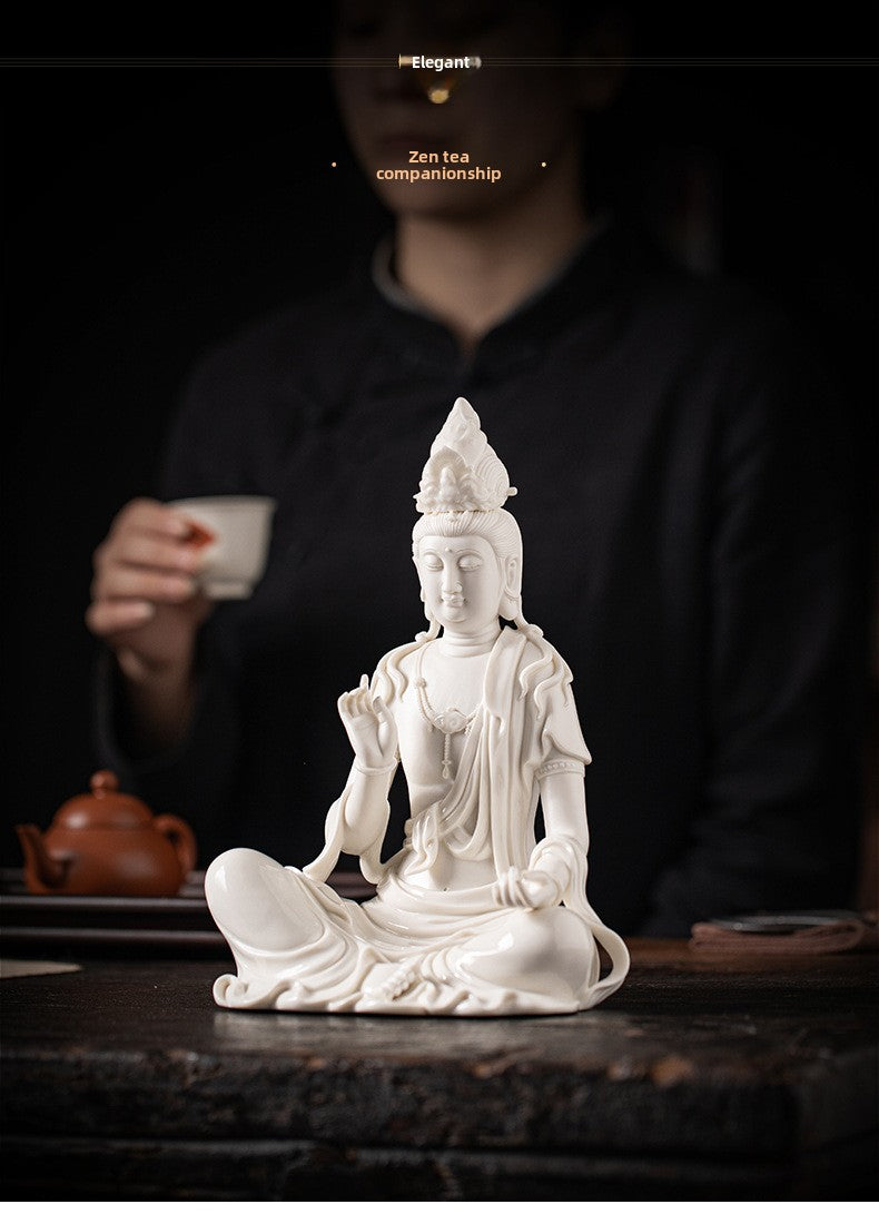 zensoullab Zen Style Chinese White Porcelain Holding Bottle Guanyin Buddha Statue Desktop Ornament Home Indoor Entrance Display Cabinet Decoration
