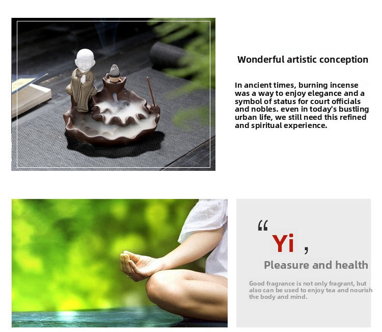 zensoullab Creative Simple Ceramic Little Monk Backflow Incense Burner Purple Clay Zen Incense Burner Incense Holder Home Tea Ceremony Home Decor