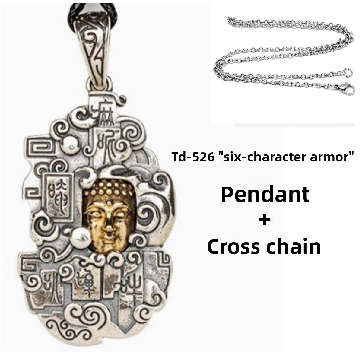 zensoullab Thai Silver Personalized Retro Six-Word Mantra Buddha Head Armor Trendy Creative Peace Jewelry Necklace Pendant for Men and Women