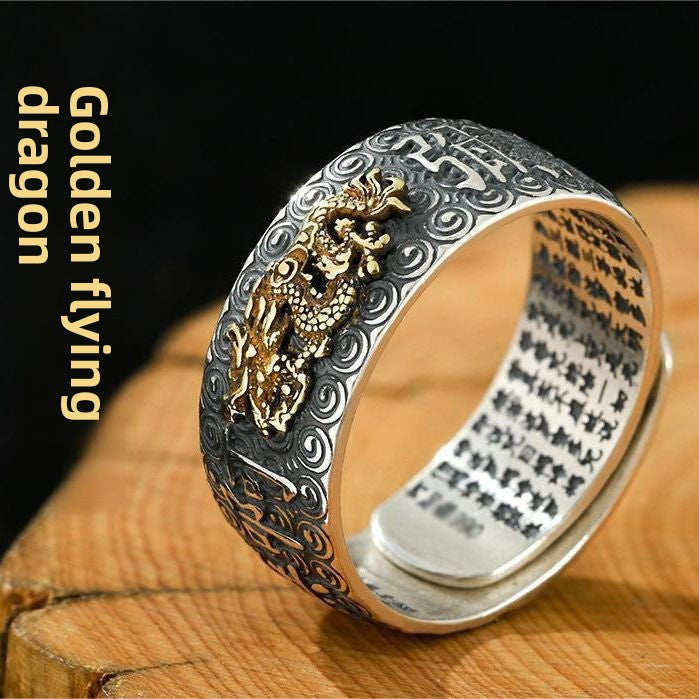 zensoullab Vintage Eight Guardian Deities Ring for Men Heart Sutra Zodiac Year Open Ring Imitation Thai Silver Six-Word Mantra Men's Ring
