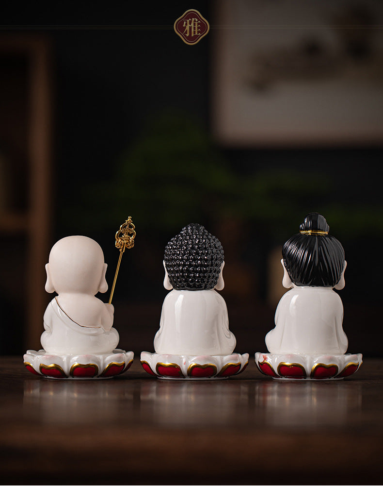 zensoullab Zen Style Chinese Ceramic Three Saints Buddha Guanyin Ksitigarbha Desktop Small Ornaments Creative Home Living Room Household Decorations