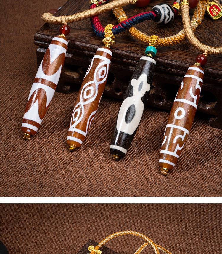 zensoullab Natural Tibetan Style Yellow Nine-Eyed Dzi Bead Necklace Multi-Totem Agate Pendant Couple Style Woven Necklace In Stock
