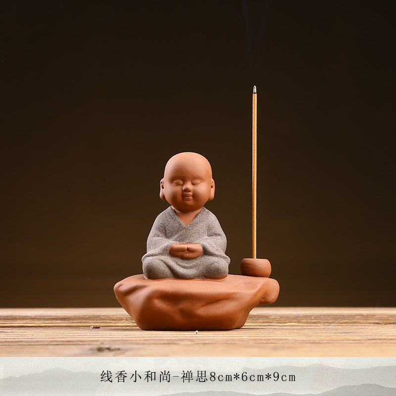 zensoullab Zen Purple Clay Little Monk Incense Holder Ornament for Car, Home, Indoor Living Room, Tea Tabletop, Incense Ceremony, Incense Seat, Incense Burner