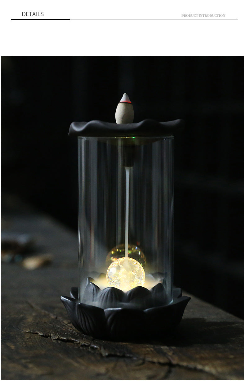 zensoullab Purple Clay Windproof Cover LED Light Backflow Incense Burner Creative Lotus Leaf Ornamental Backflow Aromatherapy Burner Home Decor