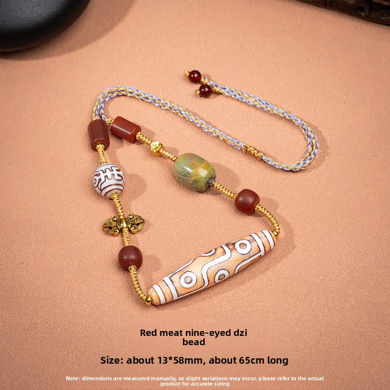 zensoullab Natural Yellow Nine-Eye Dzi Bead Necklace Taiwan Work Agate Pendant Unisex Couple Style Braided Necklace In Stock