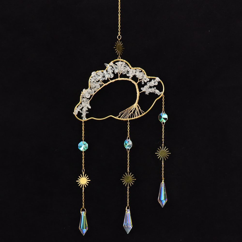 zensoullab Handmade Wire Wrapped Natural Crystal Crushed Stone Clouds Clouds Life Tree Sun Catcher Hanging Ornament Wind Chime Decoration T27