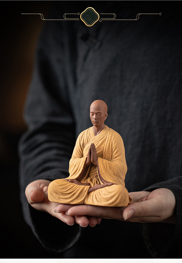 zensoullab Dust-Free Zen Little Monk Purple Clay Figurine Ceramic Figure Ancient Style Tea Room Display Stand Desktop Decoration