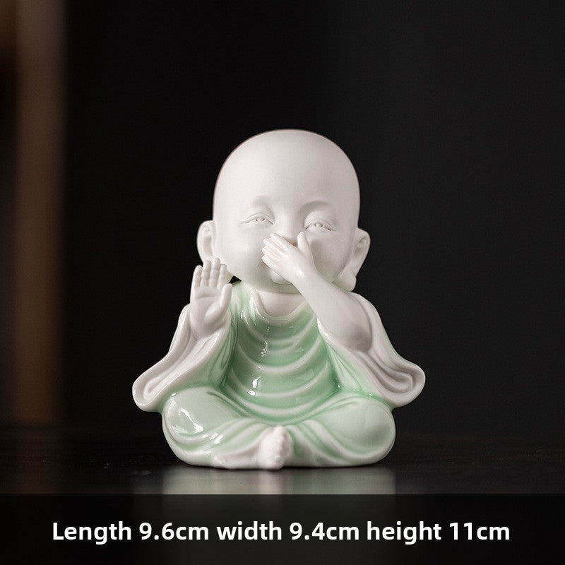 zensoullab Chinese Zen Style Four Little Monks Figurines Ceramic Characters Buddhist Home Living Room Curio Cabinet Decorations Micro Landscape