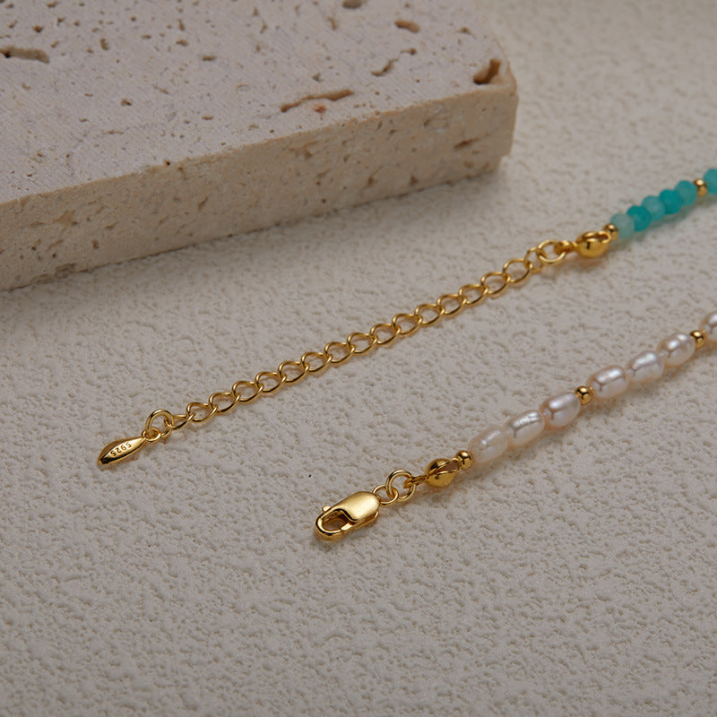 zensoullab S925 Sterling Silver Natural Amazonite and Freshwater Pearl Gemstone Necklace for Women, Niche Vintage Beaded Patchwork