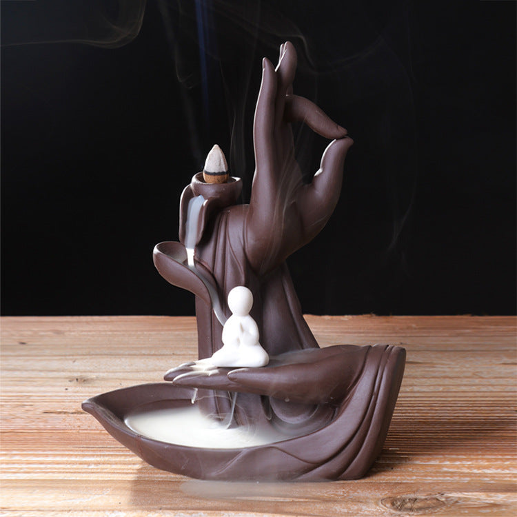 zensoullab Creative Backflow Incense Burner Home Purple Clay Flow Incense Burner Indoor Ornament Ceramic Buddha Hand Incense Burner Home Decor