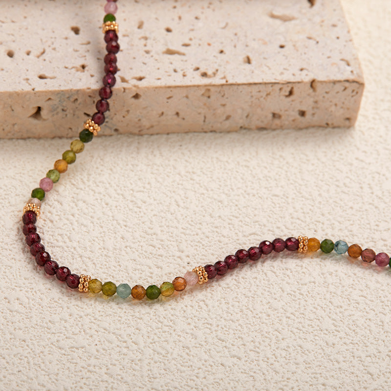 zensoullab S925 Sterling Silver Natural Tourmaline Garnet Gemstone Necklace for Women French Niche Style Handmade Beaded Collarbone Chain