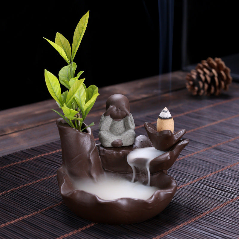 zensoullab Purple Clay Backflow Incense Burner Ceramic Creative Ornament Craft Incense Little Monk Viewing Smoke Mountain Water Flow