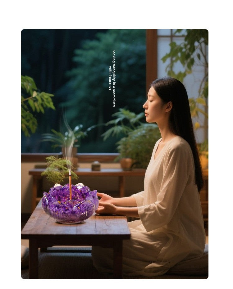 zensoullab Natural Amethyst Crushed Stone Lotus Bowl Incense Holder Set Box Demagnetization Meditation Yoga Incense Burner Incense Holder Base