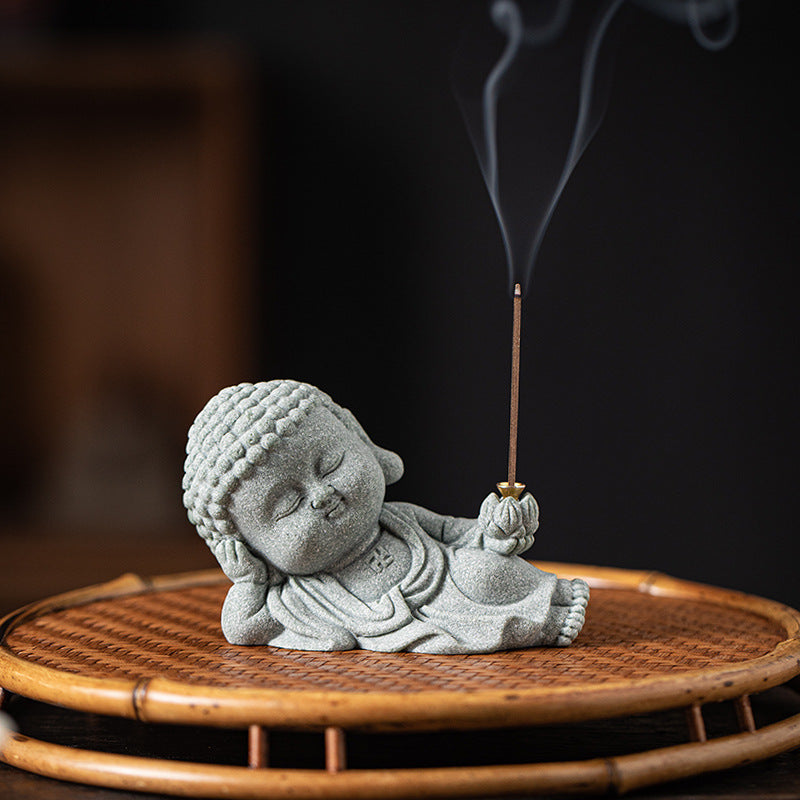 Zensoullab Green Sand Creative Cute Line Incense Burner Tea Ornaments Creative Sleeping Buddha Lotus Incense Stick Green Sand Stone Decoration Home Desktop Decoration
