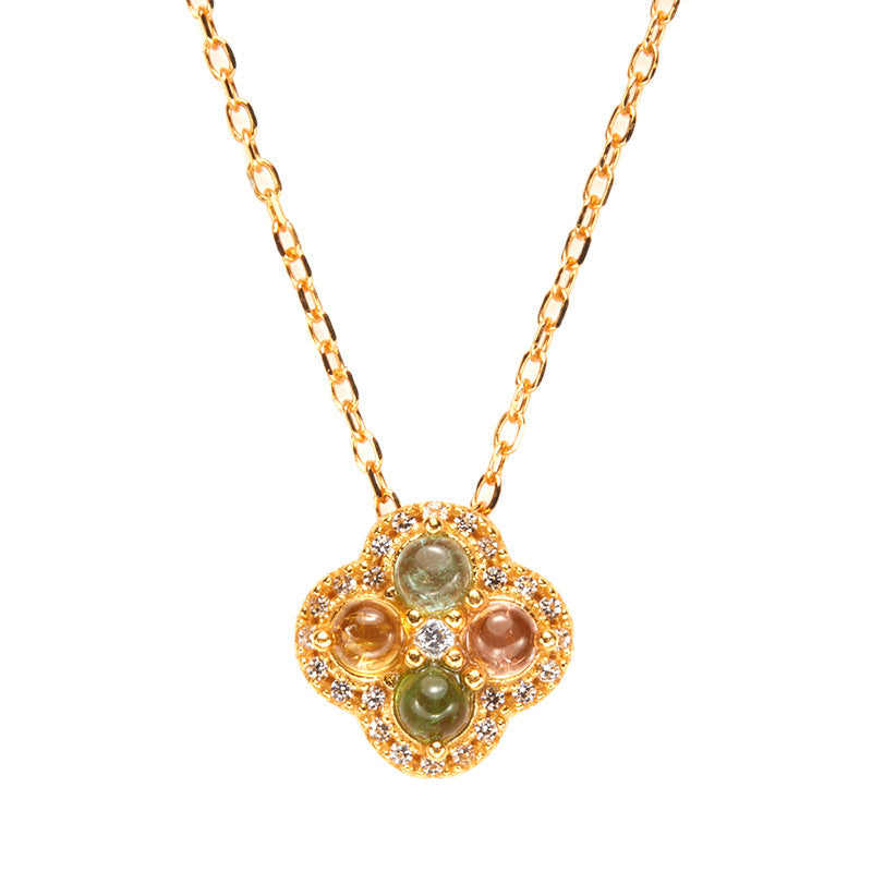 zensoullab S925 Sterling Silver 18K Gold Pendant Necklace Clavicle Chain Natural Tourmaline Four-Leaf Clover Vintage Elegant Temperament Women