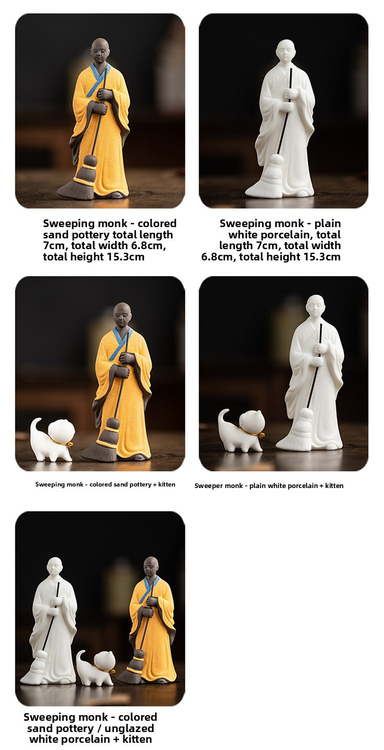 zensoullab Creative Ceramic Figure Sweeping Monk Zen Little Monk Ornament Home Living Room Curio Shelf Tea Room Bonsai Decoration
