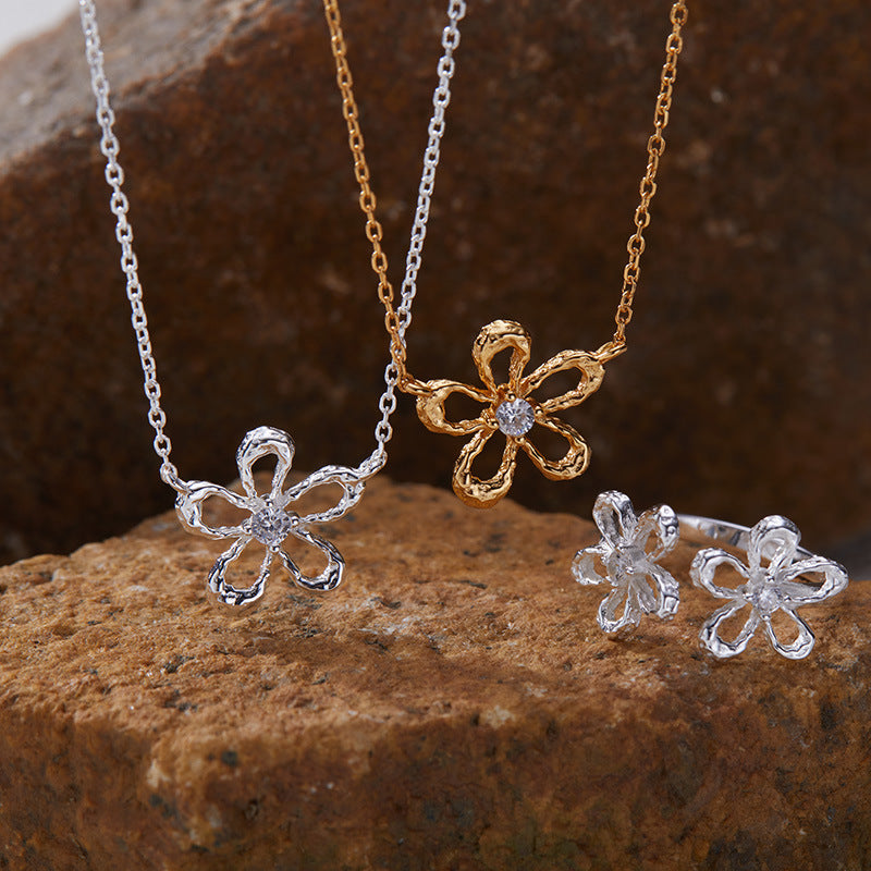 zensoullab Korean Version S925 Sterling Silver Zircon Colorful Gemstone Collarbone Chain Fashion Sweet Hollow Small Flower Pendant Necklace for Women