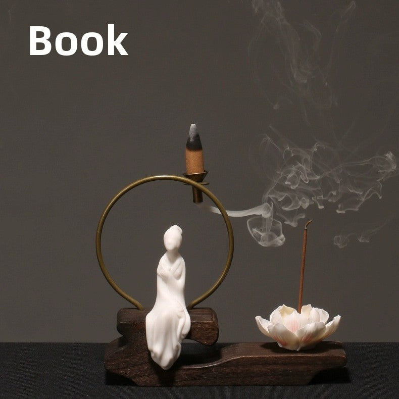 zensoullab Creative Chinese Ceramic Ornament Phaseless Buddha Statue Home Backflow Incense Burner Sandalwood Aromatherapy Burner Incense Holder Incense Device Wooden Incense Stand