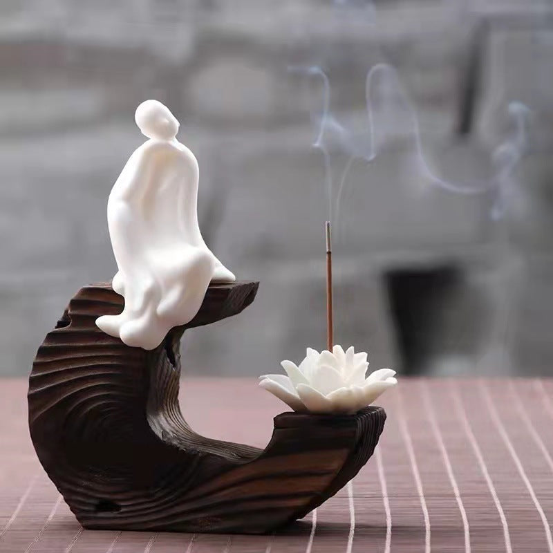 zensoullab Creative Phaseless Buddha Ceramic Ornament Backflow Incense Burner Little Monk Incense Home Indoor Incense Holder Sandalwood Incense Burner