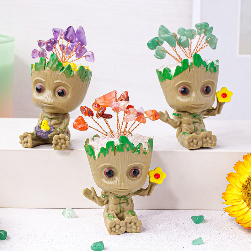 zensoullab Natural Crystal Gravel Small Flower Tree Groot Figurine Crystal Craft Tree Man Figurine Desktop Ornament