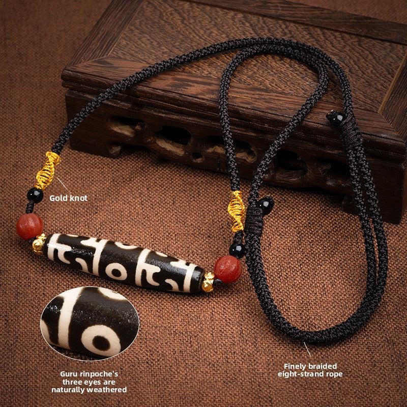 zensoullab Natural Tibetan Guru Rinpoche Three-Eyed Dzi Bead Necklace Agate Pendant Unisex Braided Necklace In Stock