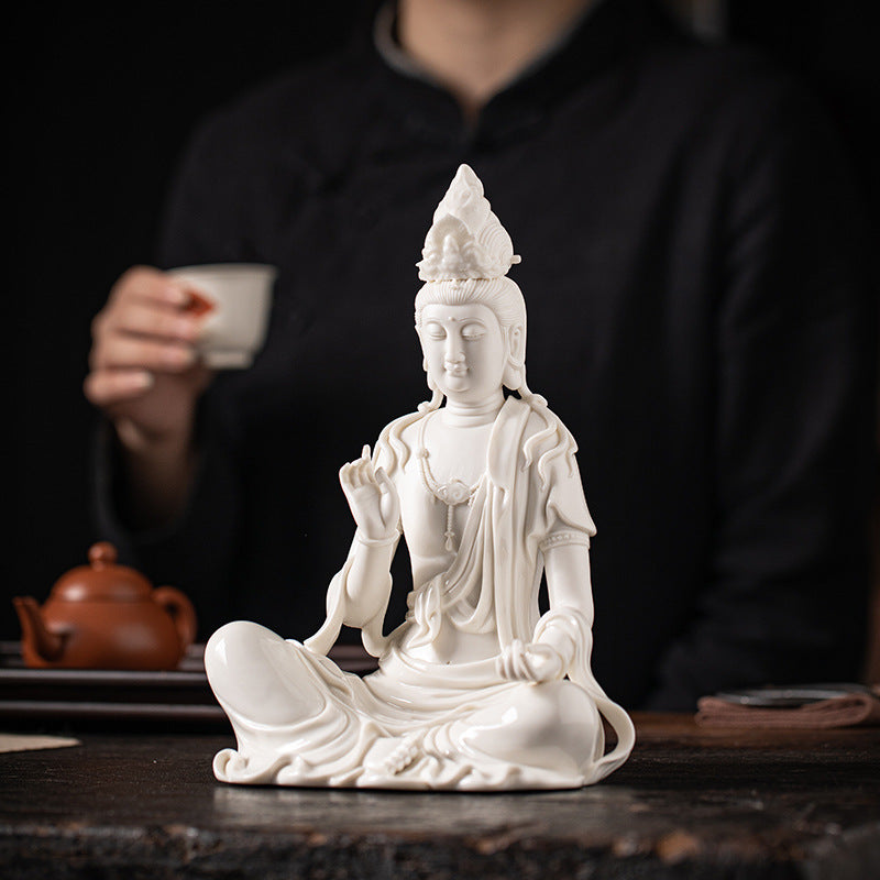 zensoullab Zen Style Chinese White Porcelain Holding Bottle Guanyin Buddha Statue Desktop Ornament Home Indoor Entrance Display Cabinet Decoration