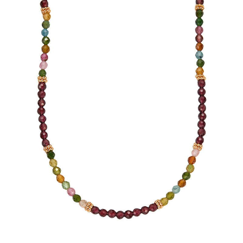zensoullab S925 Sterling Silver Natural Tourmaline Garnet Gemstone Necklace for Women French Niche Style Handmade Beaded Collarbone Chain