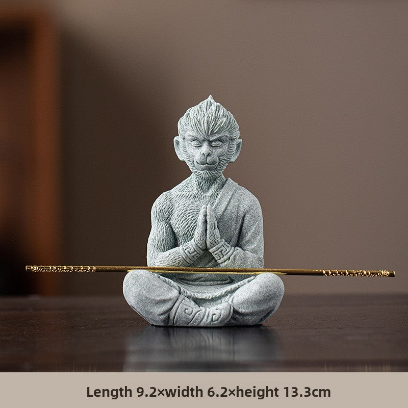 zensoullab Zen Style Chinese Green Sandstone Zen Sitting Monkey King Desktop Ornament Creative Living Room Fish Tank Landscaping Decoration