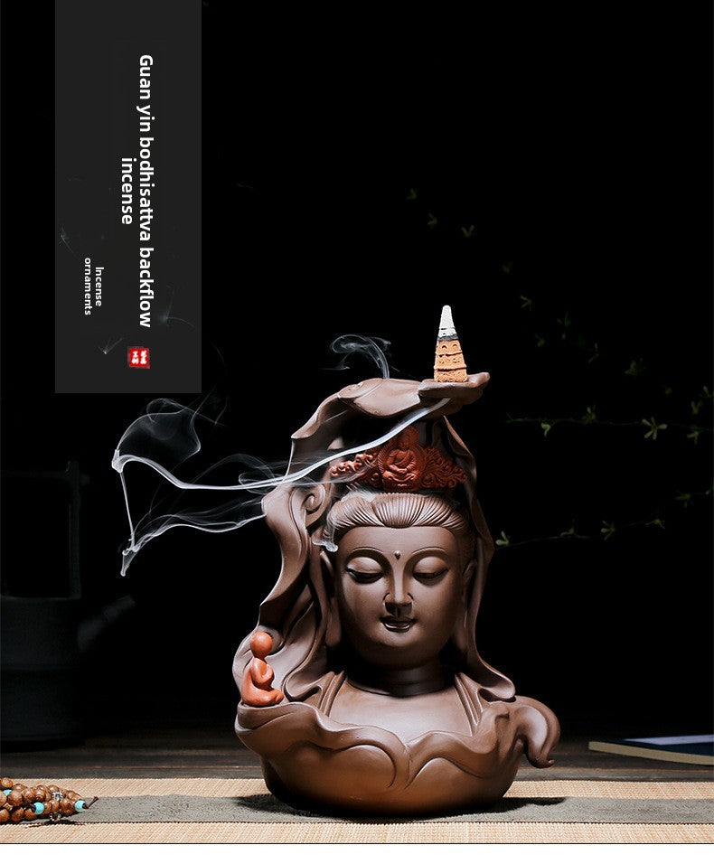zensoullab Premium Large Ceramic Guanyin Buddha Statue Feng Shui Worship Buddha Hall Living Room Backflow Incense Burner Home Decor Ornament