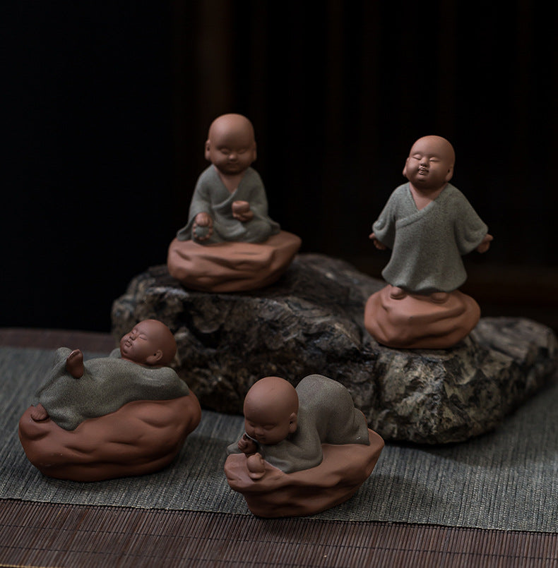 zensoullab Creative Purple Clay Little Monk Tea Pet Tea Tray Tea Set Accessories Zen Little Novice Tea Room Bonsai Decoration Ornament