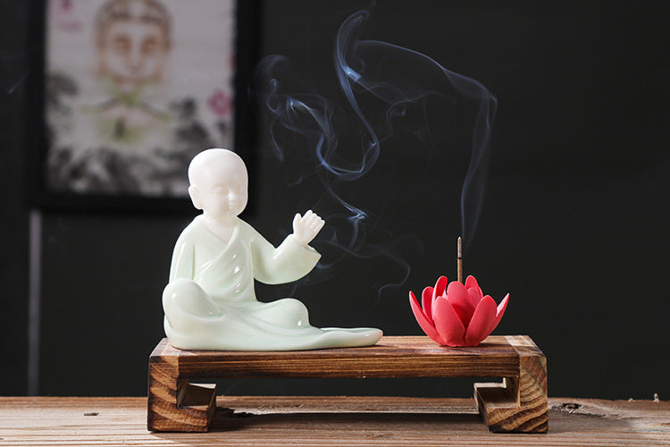 zensoullab Zen Style Chinese Fine Ceramic Figure Little Monk Ornament Creative Incense Holder Creative Home Living Room Decoration