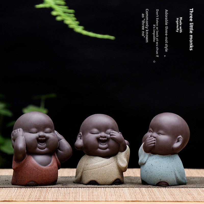 zensoullab Creative Boutique Purple Clay Three Little Monk Tea Play Tea Pet Ornament Ceramic Zen Little Novice Figure Home Decor