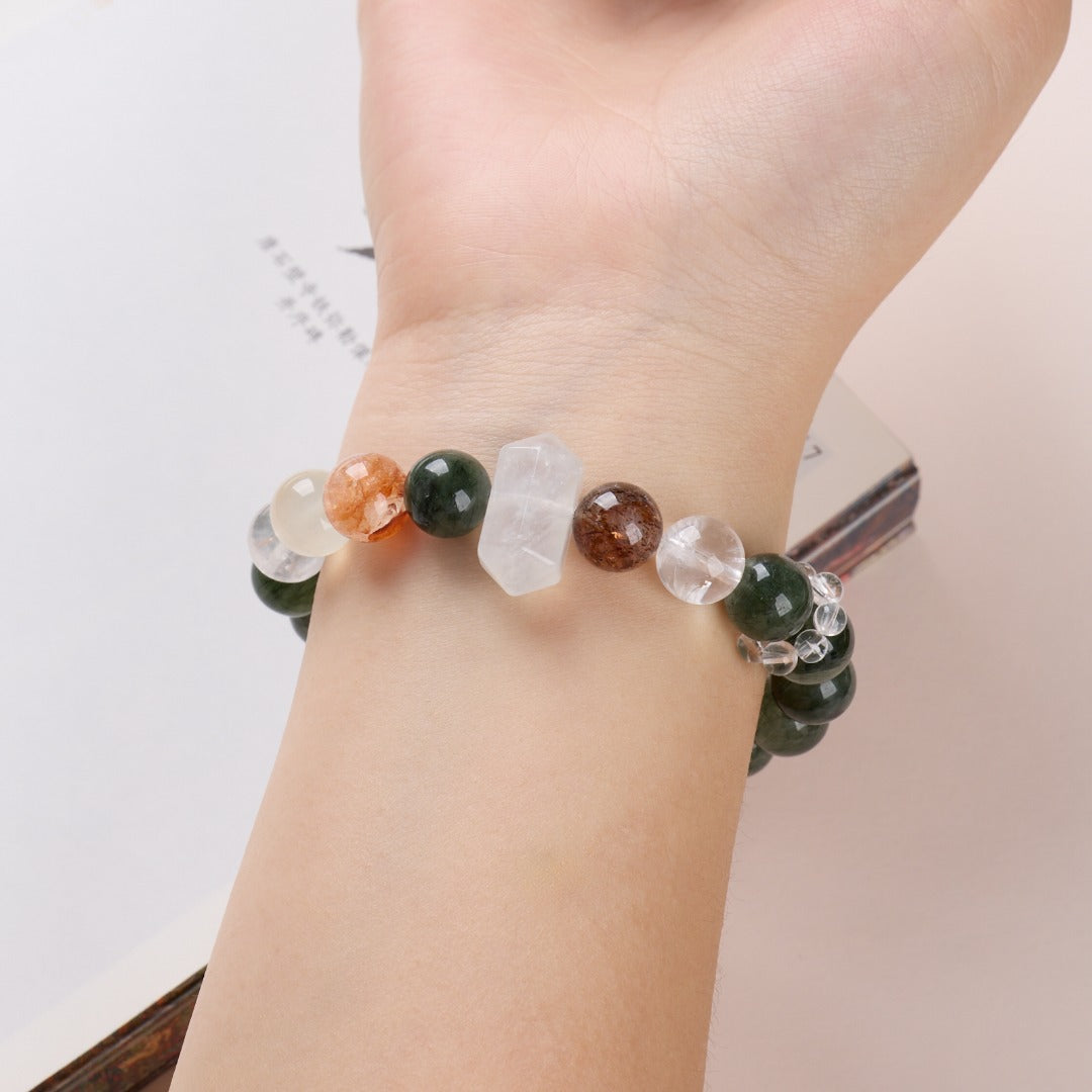 zensoullab Natural 10MM Green Rutilated Quartz Bracelet for Women Good Luck White Crystal Red Agate Flower Multi-Gemstone Crystal Bracelet