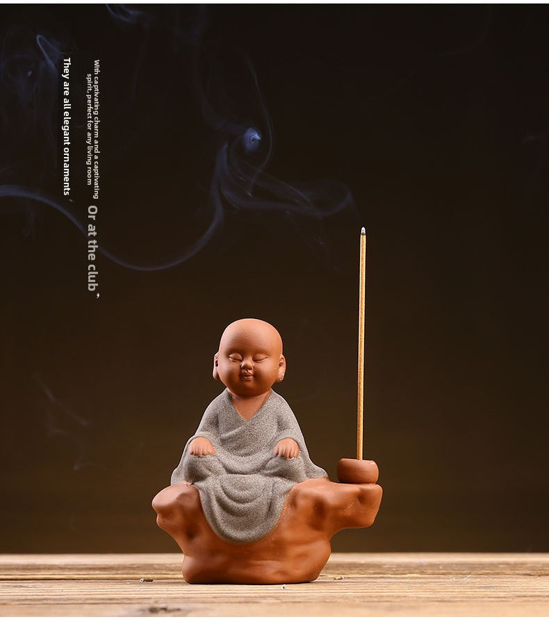 zensoullab Zen Purple Clay Little Monk Incense Holder Ornament for Car, Home, Indoor Living Room, Tea Tabletop, Incense Ceremony, Incense Seat, Incense Burner