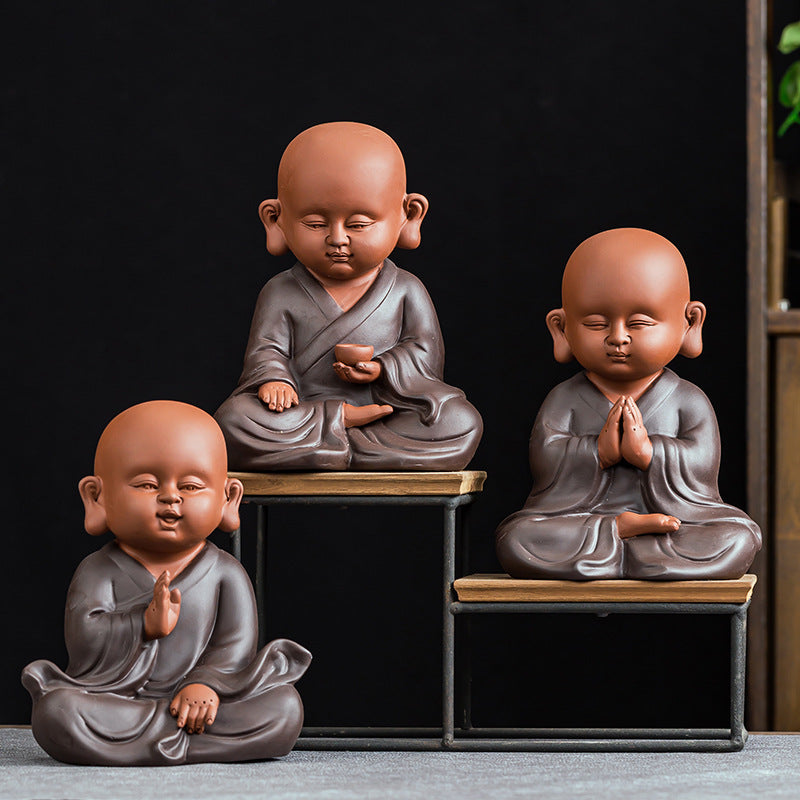 zensoullab Premium Large Ceramic Little Monk Figurine Purple Clay Figure Chinese Style Living Room Entrance Tea Room Zen Little Novice Decoration