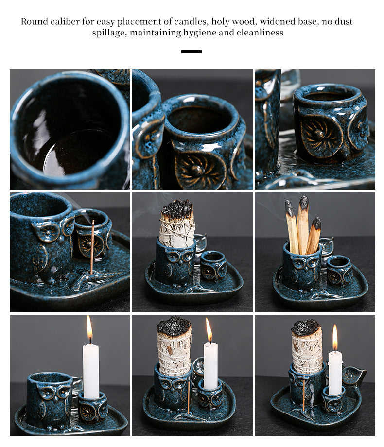Kiln-Transformed Ceramic Candle Tray American Owl Sage Peruvian Sacred Wood Burning Stand Incense Holder Incense Seat