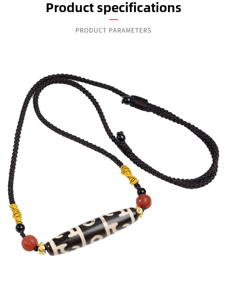 zensoullab Natural Tibetan Guru Rinpoche Three-Eyed Dzi Bead Necklace Agate Pendant Unisex Braided Necklace In Stock